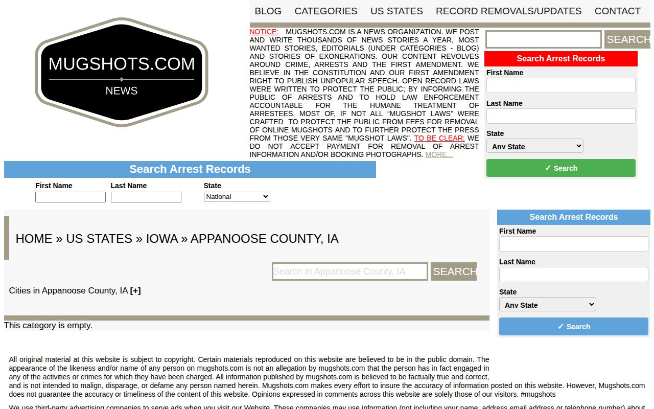 Unofficial Appanoose County mugshot node showing limited arrest coverage