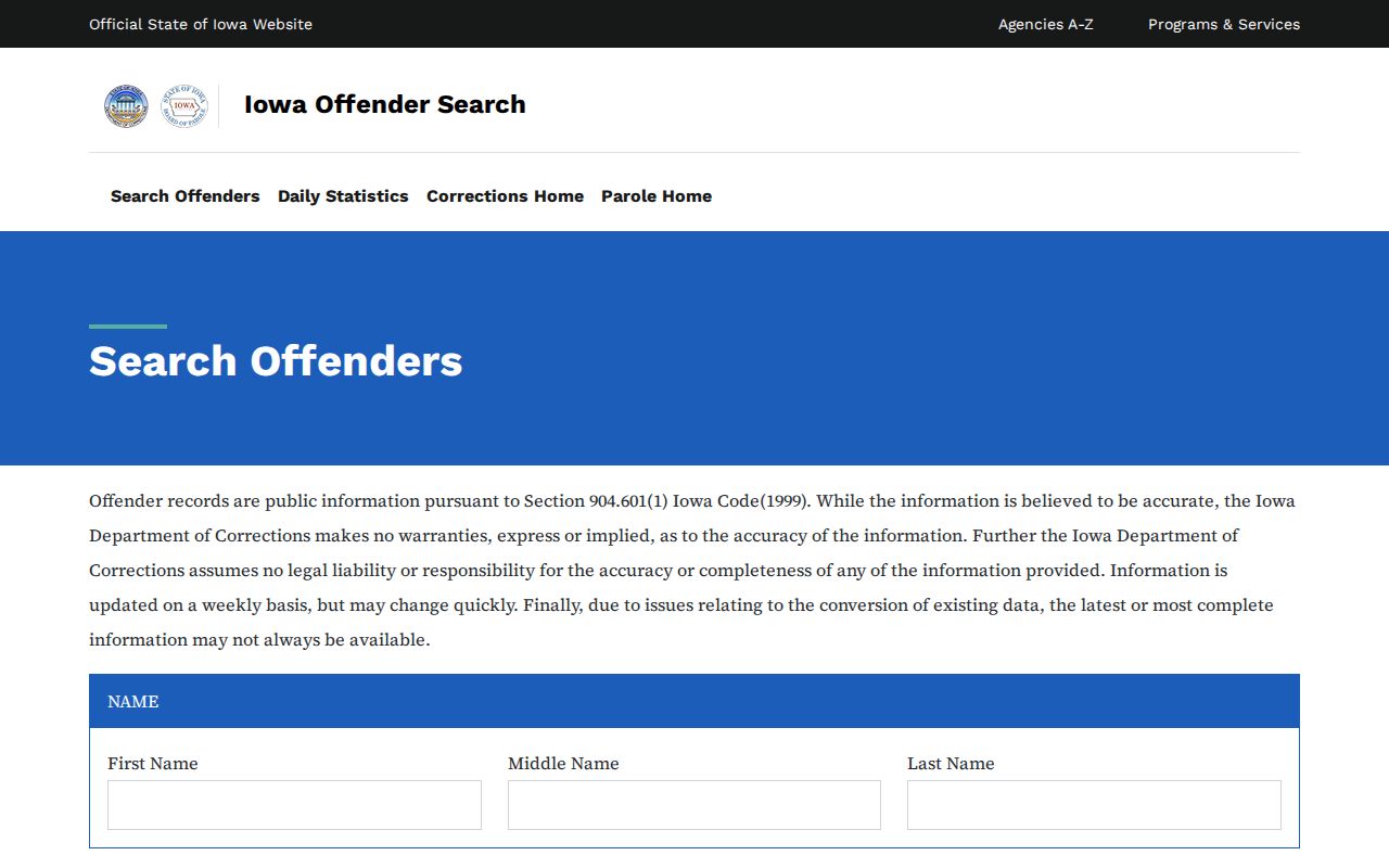 Iowa Department of Corrections official offender search form