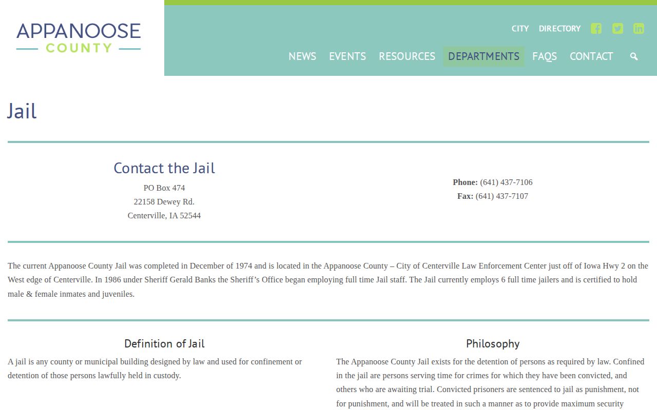 Official Appanoose County Jail information page without a public roster