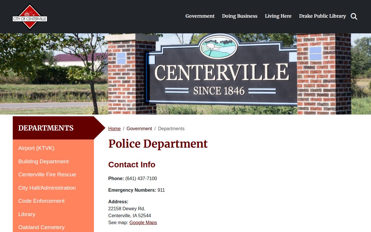 Centerville Police Department arrest records page in Appanoose County